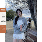 cozydays灰色蝴蝶结长袖，卫衣女2024早春套头，圆领百搭宽松上衣