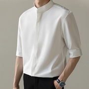新中式轻熟风立领衬衫男短袖，商务通勤休闲百搭修身高级感白衬衣潮