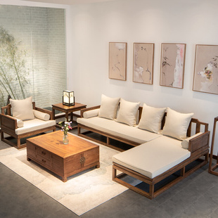 新中式实木沙发组合贵妃转角木客厅老榆木样板房家具禅意约