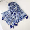 小清新素色巴厘纱棉麻手感，围巾女创意，蓝色手绘印花流苏纱巾披肩