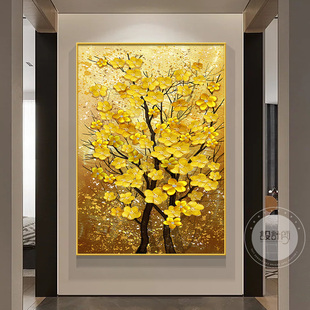 金色发财树画装饰画入户客厅，壁画墙画招财树，餐厅玄关走廊墙面挂画