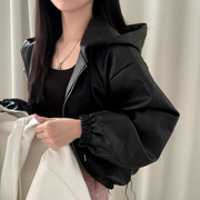 韩国chic春季法式复古拉链连帽小皮衣宽松休闲收腰短款皮夹克外套