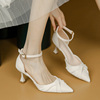 米白色高跟鞋女细跟法式设计感小众尖头伴娘单鞋一字扣带包头凉鞋