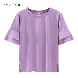 宽松圆领喇叭袖紫色T恤夏季衣摆开叉纯棉简约荷叶边短袖打底衫