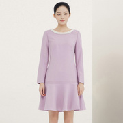 奥莎尼高端圆领套头钉珠法式a字裙紫色羊毛显瘦长袖连衣裙
