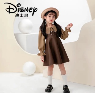 Disney迪士尼童装女童秋装皮裙淑女套装女孩背带裙两件套