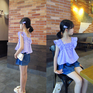 韩国童装2022夏季女童衬衫 淑女气质打揽飞飞袖中大童格子娃娃衫