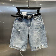 2024夏装五分破洞牛仔短裤深蓝色夏季破洞设计女士修身显瘦
