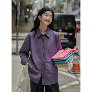 觅定紫色长袖衬衫上衣女高级设计感小众长袖衬衣2024春外套