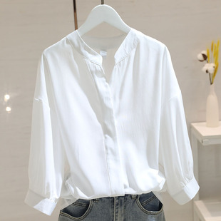 白色v领衬衫女中袖2023夏季宽松显瘦百搭设计感七分袖衬衣潮