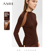 amii拼接撞色毛衣女2023冬季保暖修身打底衫，半高领绵羊毛上衣
