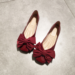 平底方头单鞋大蝴蝶结奶奶，鞋软底舒适小红鞋
