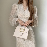 韩国chic春季法式复古褶皱，v领系带收腰泡泡袖长款雪纺碎花连衣裙