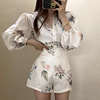韩国chic夏季复古洋气翻领花色印花长袖衬衫+高腰百搭短裤两件套