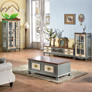 美式电视柜茶几组合地中海风格，大小户型客厅，欧式实木田园彩绘家具