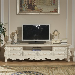 欧式天然大理石电视柜茶几客厅高款全实木雕花白色，描金银卧室地柜