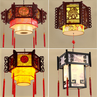 中式仿古吊灯实木羊皮餐厅客厅灯，茶楼中国风复古灯，酒店大厅工程灯