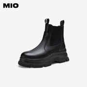 MIO米奥2023年冬季纯色圆头高跟靴子英伦风短筒显瘦厚底切尔西靴