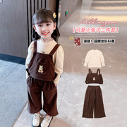女童春装套装2023中小童洋气宝宝时髦背后蝴蝶结灯芯绒三件套