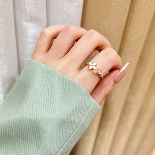 温柔气质花朵戒指女精致珍珠，锆石韩国网(韩国网，)红个性开口食指戒指环