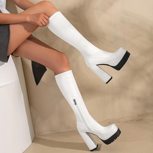 白色靴子欧美性感防水台粗跟超高跟高筒女走秀瘦瘦靴大码女靴 WMH