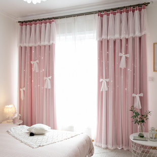 粉色镂空星星网红梦幻蕾丝，公主风窗帘，双层全遮光儿童女孩卧室少女