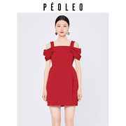飘蕾一字肩红色连衣裙，女2024夏季气质显白收腰显瘦露肩中长裙