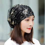刺绣帽子女春夏季薄款针织蕾丝，套头帽韩版潮时尚百搭堆堆帽包头帽