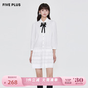 fiveplus夏季甜美复古连衣裙，女泡泡袖，娃娃领衬衫裙学院