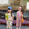 儿童套装夏季韩版碎花女童纯棉背心T恤九分裤两件套花朵姐妹装潮