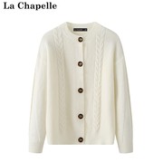 拉夏贝尔/La Chapelle秋季圆领针织开衫外套慵懒风女复古毛衣上衣
