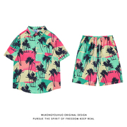 悟空有货夏季拼色椰子树印花运动套装男女潮牌街头夏威夷衬衫短裤
