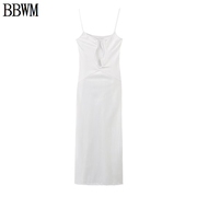 BBWM 欧美女装时尚修身白色U型针织拼接吊带连衣裙