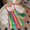 女童春装套装春夏季2023洋气彩虹纹，小女孩宝宝洋气吊带连衣裙
