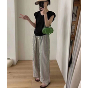 黑白竖条纹阔腿裤女夏季抽绳垂感小矮个子宽松百搭休闲直筒长裤潮