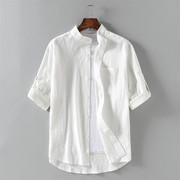 白色棉麻短袖衬衫男夏季男士纯棉半袖衬衣男生休闲纯色上衣服