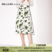 BBLLUUEE/粉蓝衣橱花沁满园印花半裙女2024春秋绿色A字半身裙