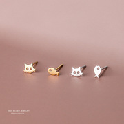 S925银猫咪小鱼耳钉女韩版简约小猫耳环时尚个性不对称耳饰