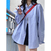 夏季薄款长袖防晒衬衫女小众设计感法式蓝白条纹衬衣宽松情侣外套