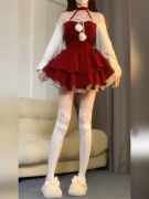 大码甜辣妹圣诞战袍红色，抹胸丝绒蓬蓬裙，秋冬法式名媛风生日小礼服