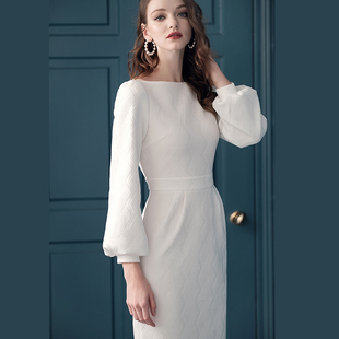 2024春季气质连衣裙长袖白色针织，欧美高端大牌高冷女神，范女装(范女装)