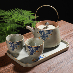 复古粗陶茶壶一壶二杯旅行茶具，陶瓷水壶功夫茶具日式提梁壶单壶