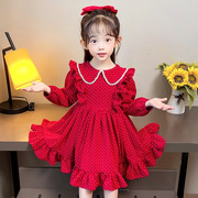女童公主裙春秋款长袖娃娃，领波点甜美可爱日常圆点，红色b类连衣裙