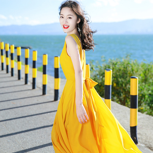 2024夏季女装海边度假沙滩，裙黄色复古雪纺连衣裙波西米亚长裙