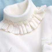高领白色花边毛衣订珠木耳边针织衫短款花朵弹力紧身秋冬女上