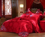 水星家纺婚庆床品大红六十件套刺绣结婚纯棉，多件套1.8m2.0m床