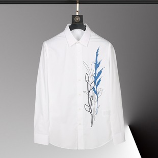 欧美轻奢男装兰花植物花卉印花长袖，衬衫高级感商务全棉修身衬衣潮