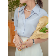 蓝色短袖雪纺衬衫女夏季薄款2024职业衬衣高级感法式小众上衣