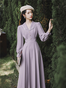 2021春秋法式伴娘，礼服紫色日常小众连衣裙，小个子长袖平时可穿
