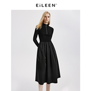 意大利设计朗姿气质高级感收腰长袖黑色针织连衣裙冬裙子